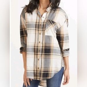 Sanctuary Boyfriend Black Tan Plaid High Low Button Front Shirt Tunic Top Sz L